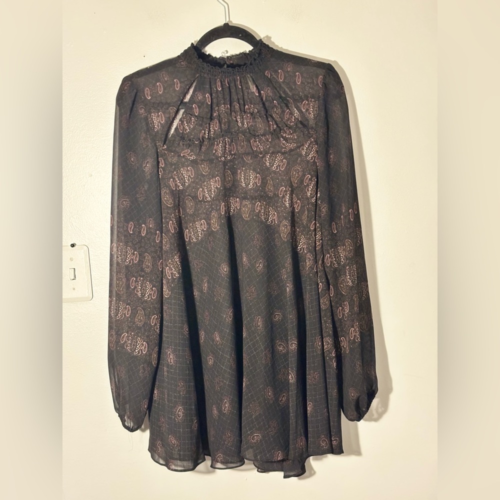 Free People Black Paisley high neck Sheer tunic dress top NWoT